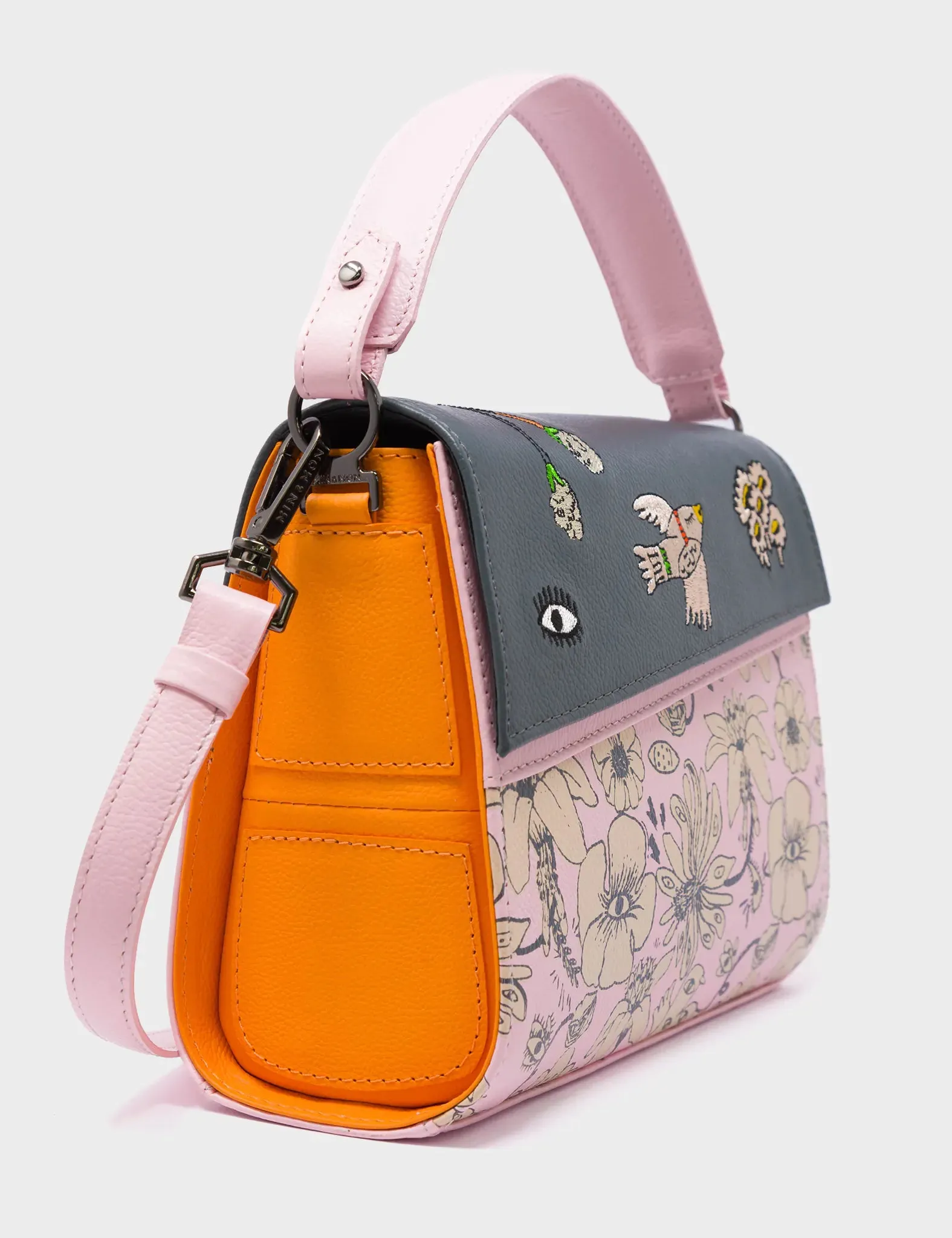 Anastasio Mini Crossbody Handbag Parfait Pink Leather - Flowers Design