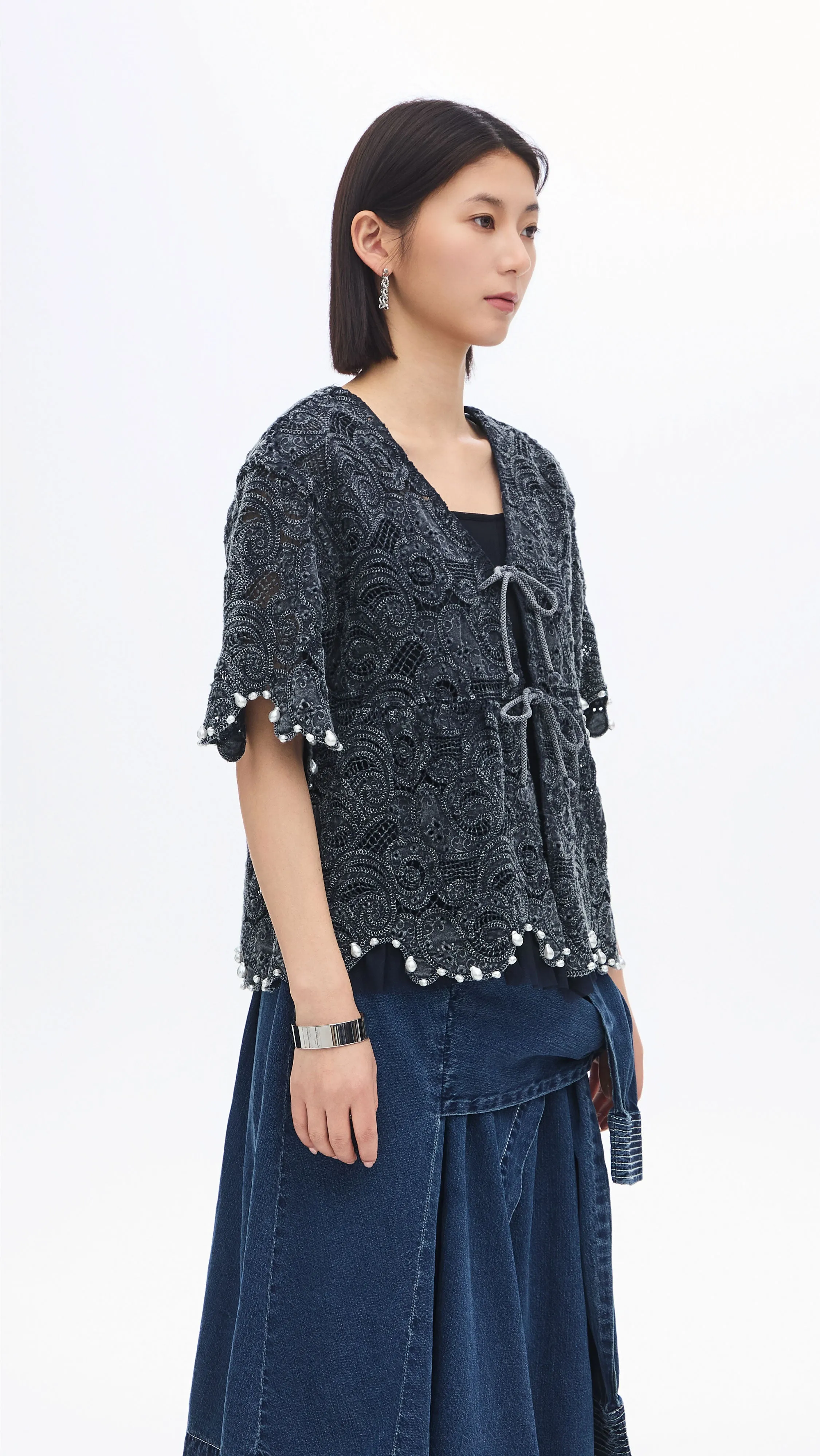 Cold Dye Lace Collarless Jacket
