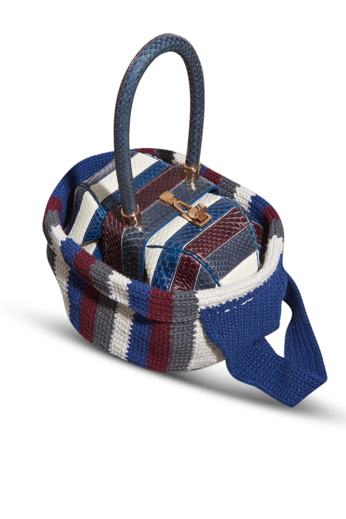 Crossover Knit Bag in Blue. Bordeaux & Grey Cashmere