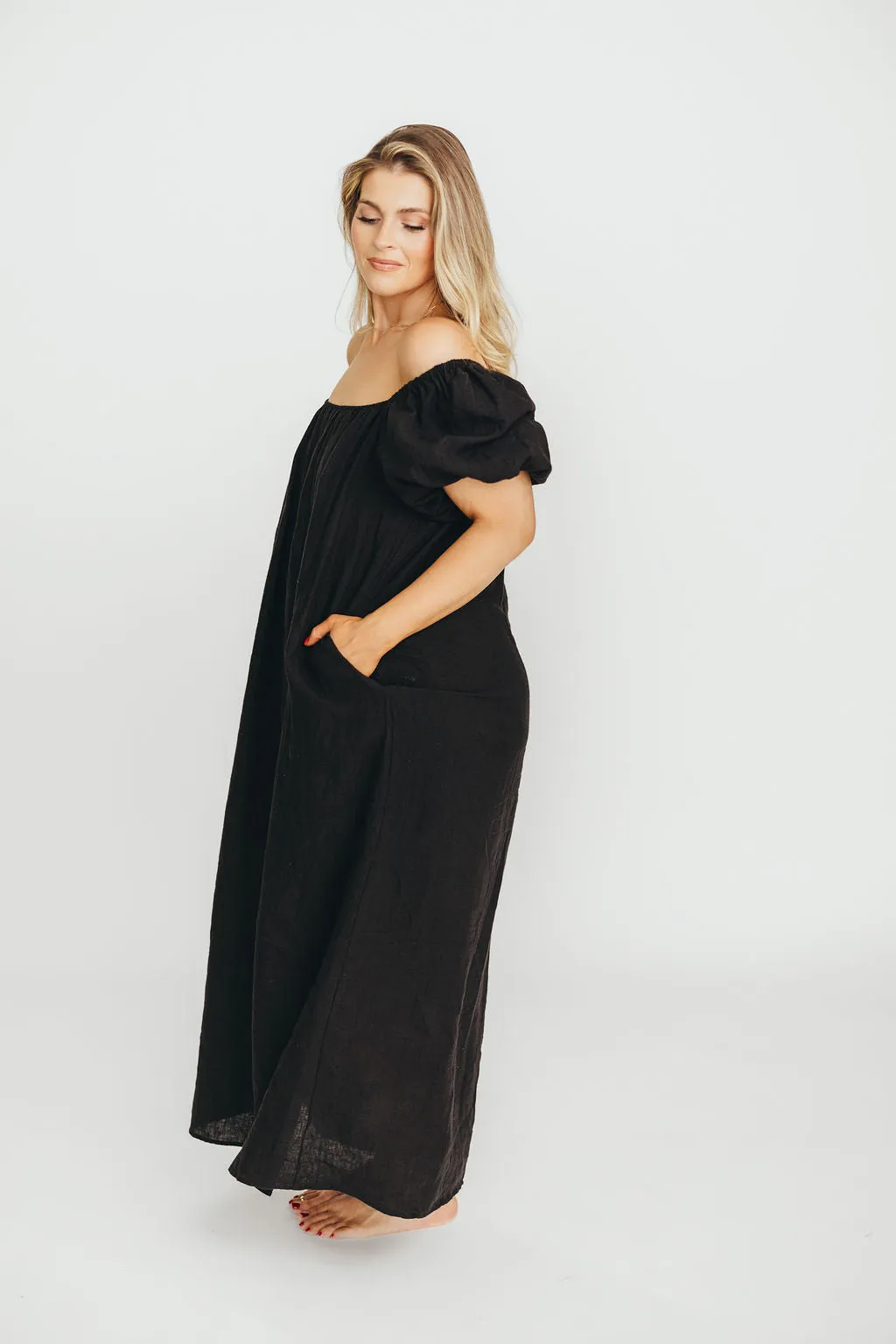 Genoa 100% Linen Maxi Dress in Black - Bump Friendly