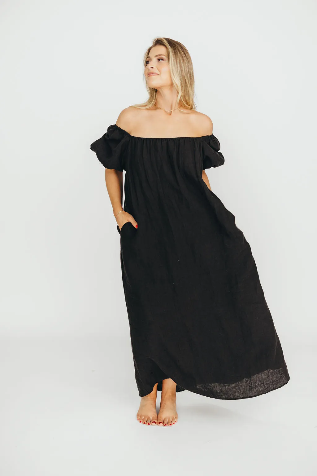 Genoa 100% Linen Maxi Dress in Black - Bump Friendly