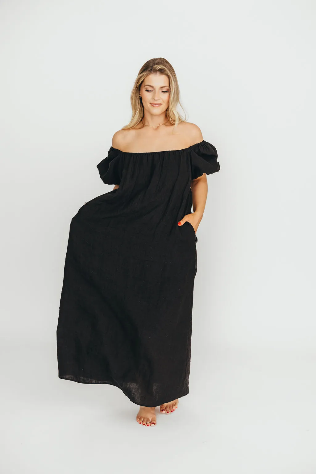 Genoa 100% Linen Maxi Dress in Black - Bump Friendly