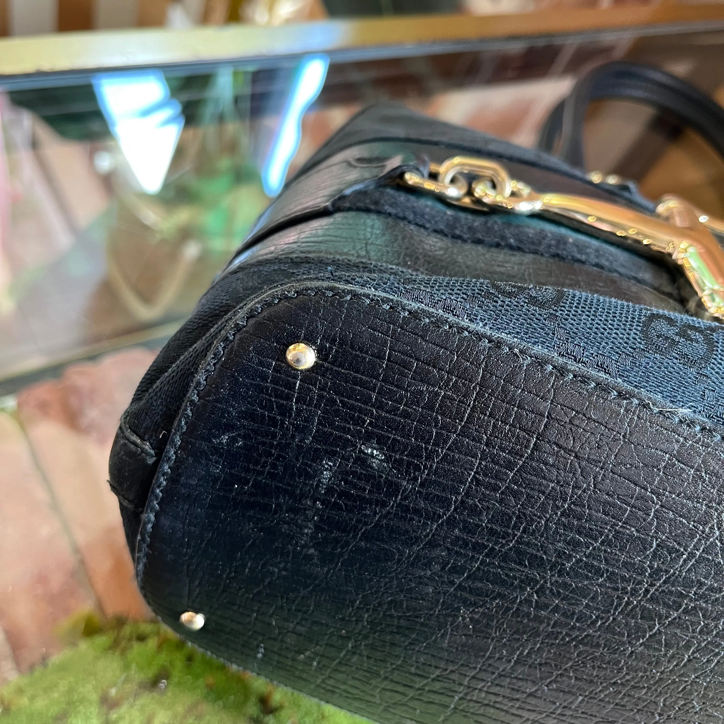 GUCCI Black GG Monogram Horsebit Shoulder Bag