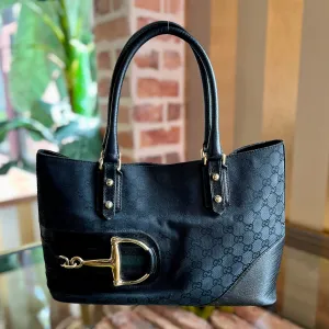 GUCCI Black GG Monogram Horsebit Shoulder Bag