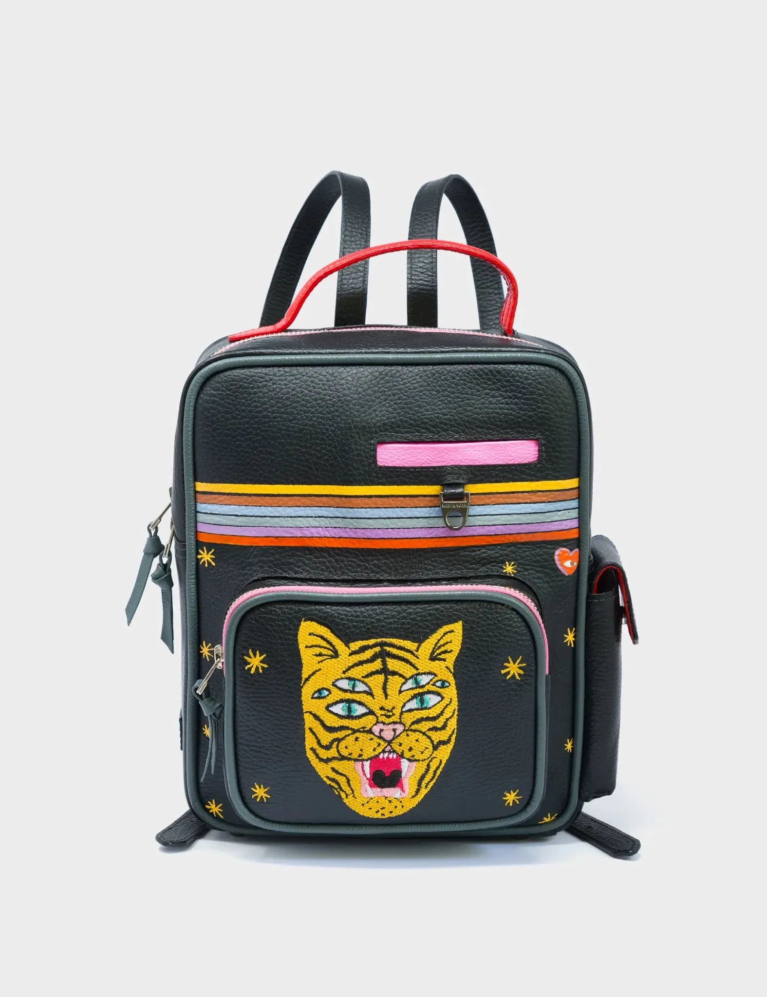 Ilan Black Leather Backpack - Happy Tiger Design