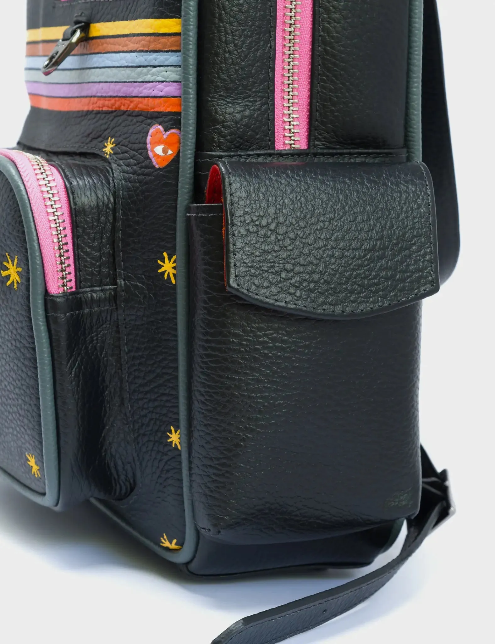 Ilan Black Leather Backpack - Happy Tiger Design