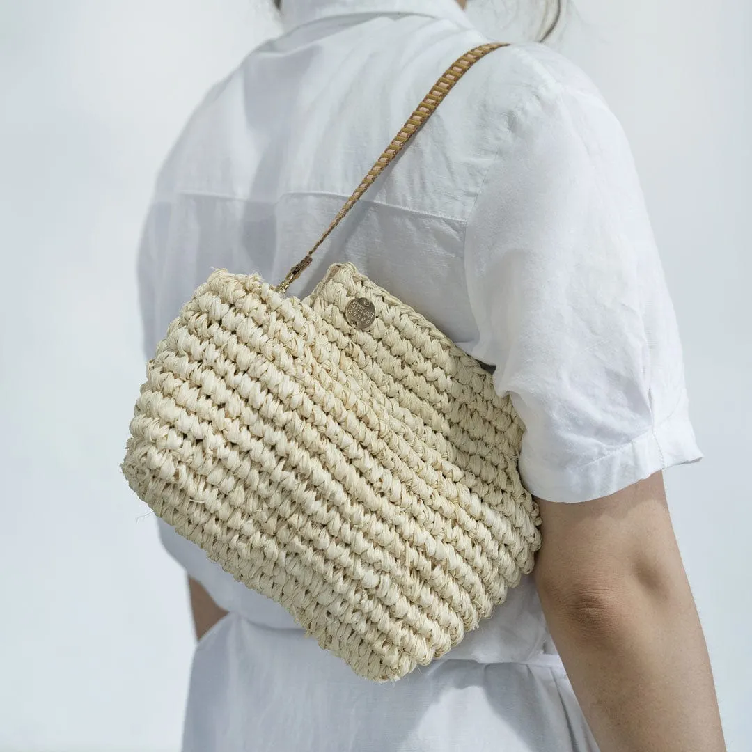 Lilis Vegan Small Raffia Frame Clutch | Natural & Copper Stripe