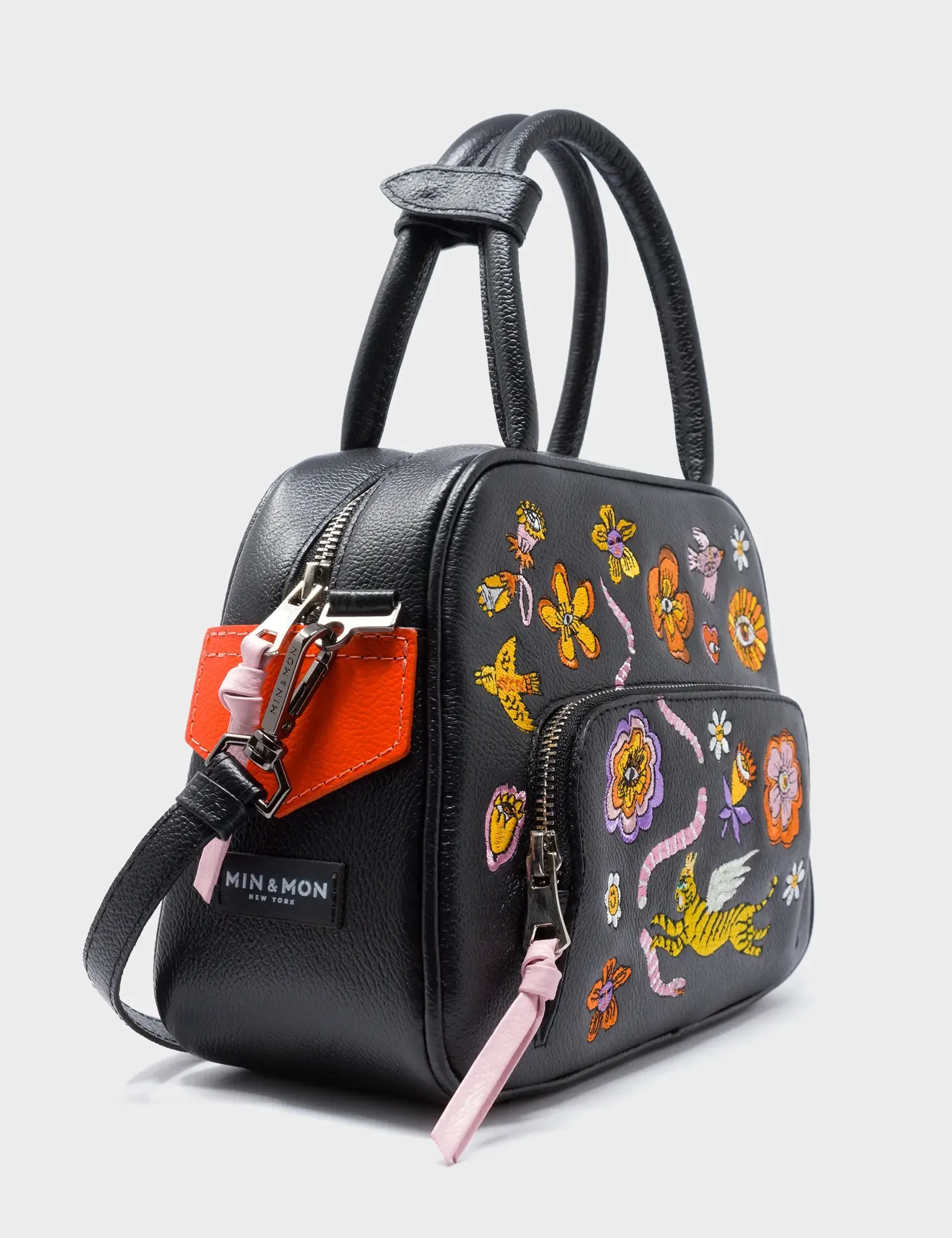 Marino Medium Crossbody Black Leather Bag - Vintage Bloom Embroidery
