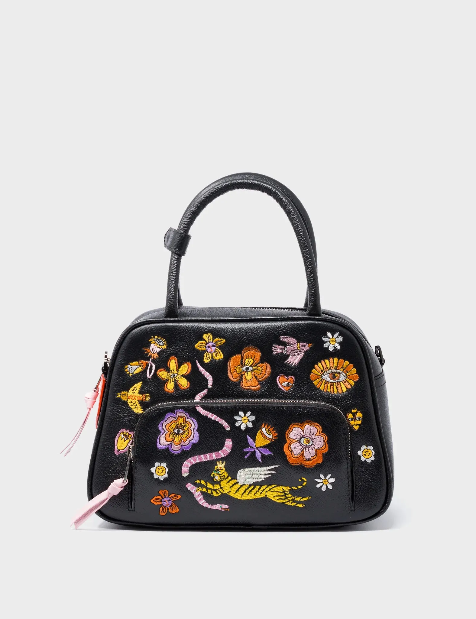 Marino Medium Crossbody Black Leather Bag - Vintage Bloom Embroidery
