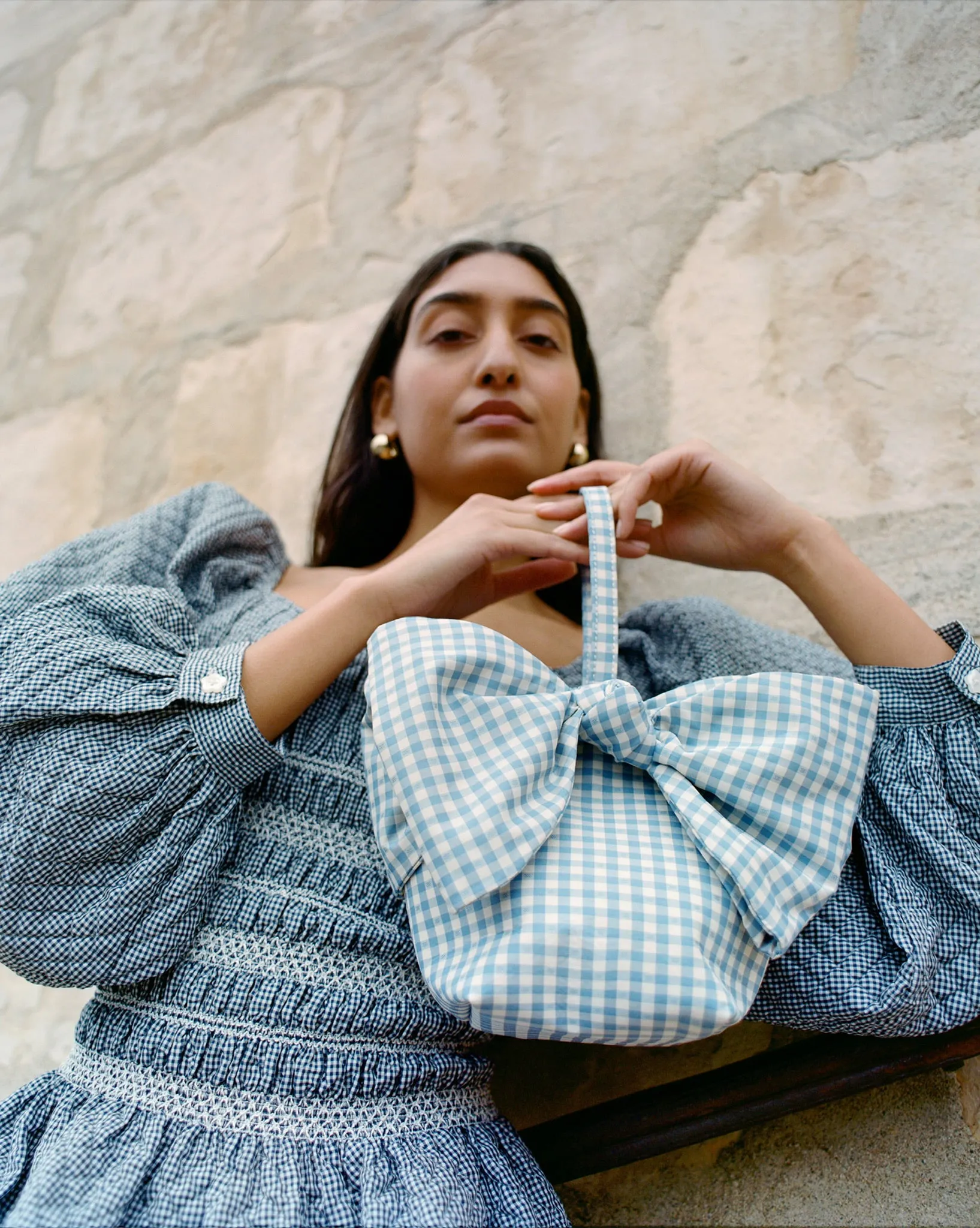 Ruby Blue Gingham Bow Bag