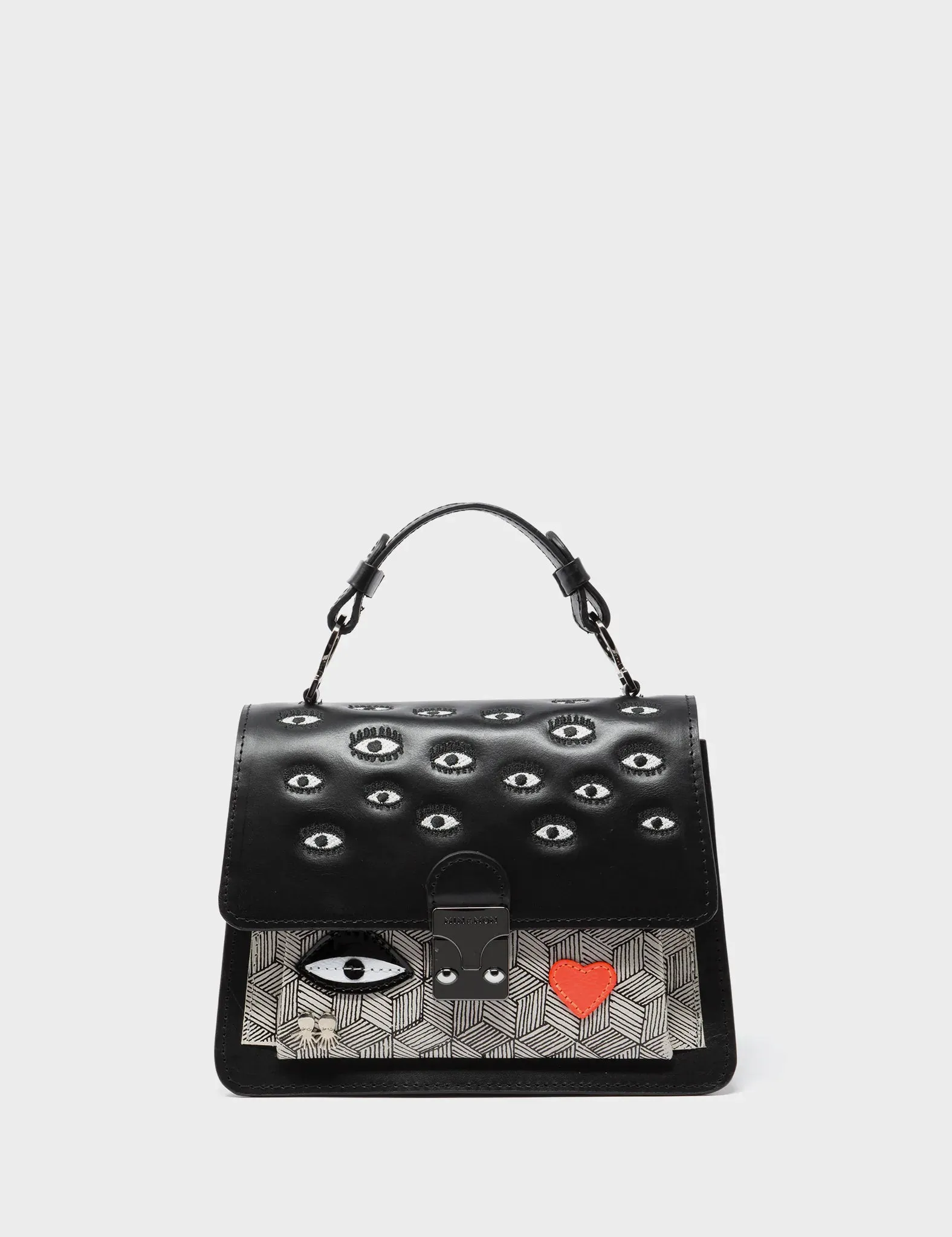 Silas Black Small Leather Crossbody Bag - All Over Eyes Embroidery
