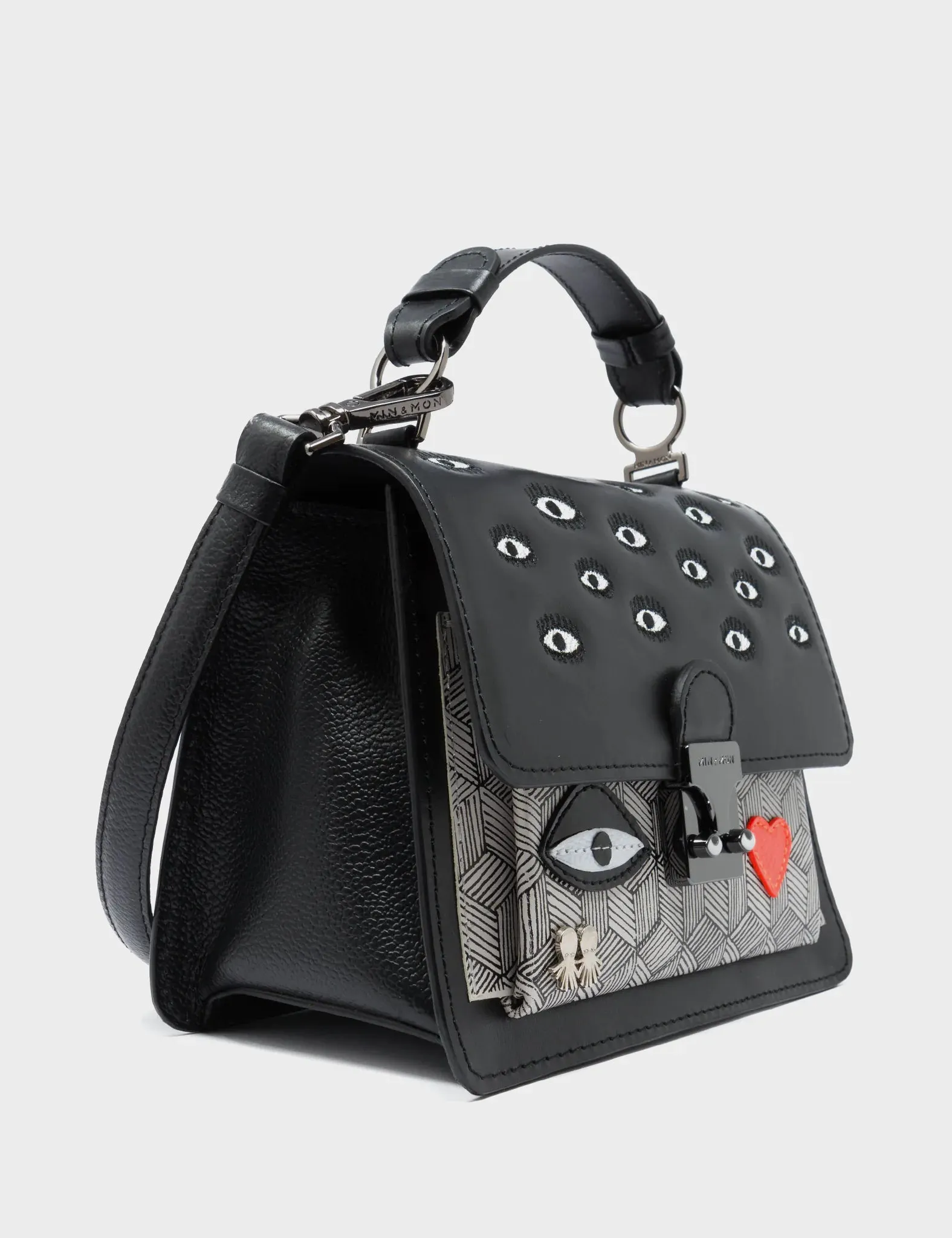 Silas Black Small Leather Crossbody Bag - All Over Eyes Embroidery