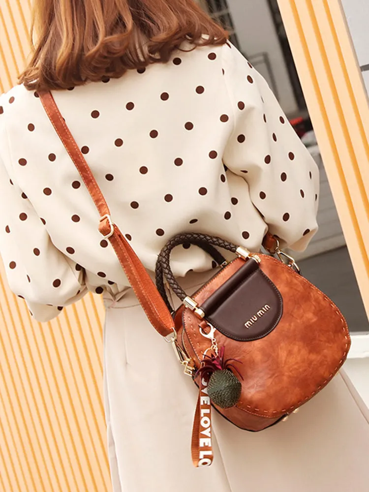 Vintage Tassel Leather Round Shape Handbags Crossbody Shoulder Bag