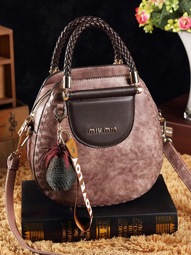 Vintage Tassel Leather Round Shape Handbags Crossbody Shoulder Bag