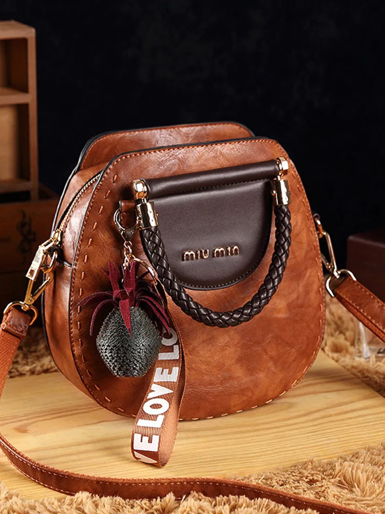 Vintage Tassel Leather Round Shape Handbags Crossbody Shoulder Bag