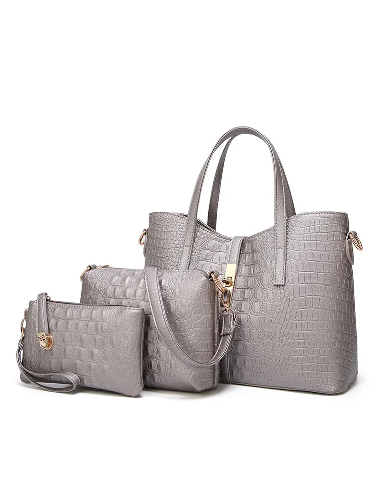 Women's Crocodile Shoulder Bags Tote Satchel Hobo 3pcs Purse Set